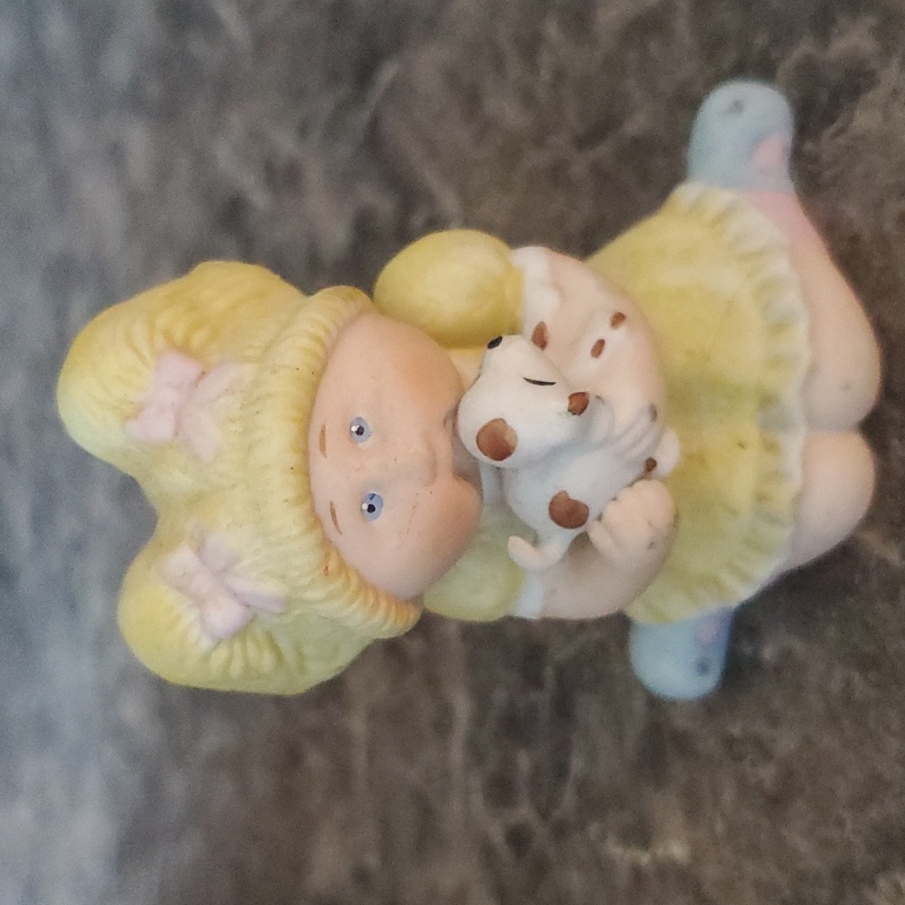 Vintage Cabbage Patch Kids Porcelain Girl Yellow Dress with Puppy Figurine